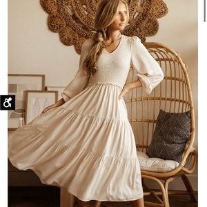 Bohme Smocked Tiered Midi Dress in Ivory